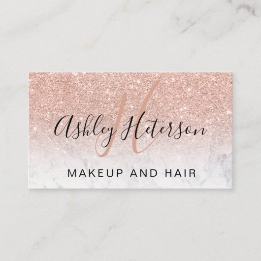化粧のモノグラムの原稿の大理石のばら色の金ゴールドのグリッター 名刺 (正面)