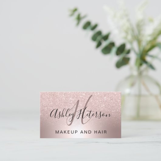 化粧のモノグラムの原稿の金属ばら色の金ゴールドのグリッター 名刺 (スタンド正面)