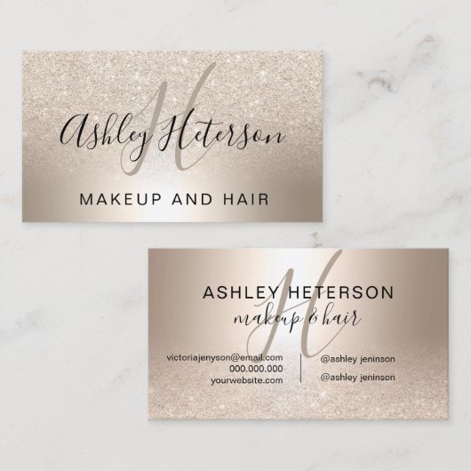 化粧のモノグラムの原稿の金属シックな金ゴールドのグリッター 名刺 (正面/裏面)