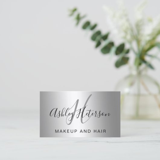 化粧のモノグラムの原稿の銀の金属ホイル 名刺 (スタンド正面)