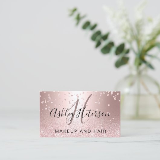 化粧の原稿の紙吹雪の金属ばら色の金ゴールドのグリッター 名刺 (スタンド正面)