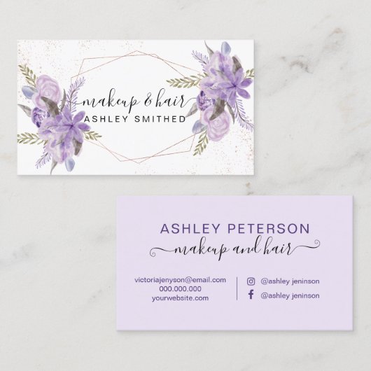 化粧の紫色の花の水彩画のばら色の金ゴールドフレーム 名刺 (正面/裏面)