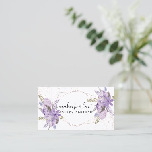 化粧の紫色の花の水彩画のばら色の金ゴールドフレーム 名刺 (スタンド正面)