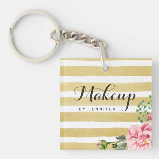 化粧の美容院の金ゴールドのストライプのピンクの花の装飾 キーホルダー (正面)