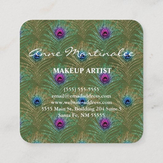 化粧アーティストグリッターピーコックフェザーズグリーン スクエア名刺 (裏面)
