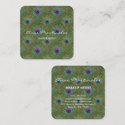化粧アーティストグリッターピーコックフェザーズグリーン スクエア名刺 (正面/裏面)