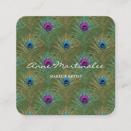 化粧アーティストグリッターピーコックフェザーズグリーン スクエア名刺 (正面)