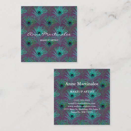 化粧アーティストグリッターピーコックフェザー スクエア名刺 (正面/裏面)