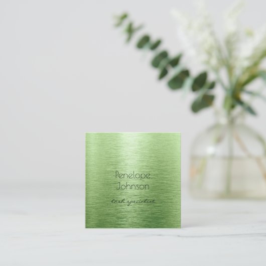 化粧アーティストグリーンブラシ仕上げメタルグラム スクエア名刺 (スタンド正面)