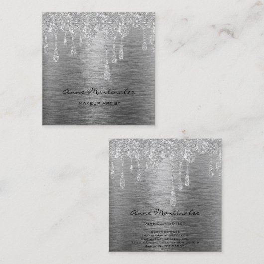 化粧アーティストシルバー滴下グリッターメタリック スクエア名刺 (正面/裏面)
