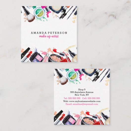 化粧アーティストラッシュトレンディー水彩モダンサロン スクエア名刺 (正面/裏面)