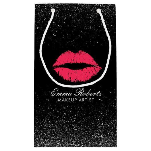 化粧アーティストレッドリップストレンディーブラックグリッターサロン スモールペーパーバッグ (裏面)