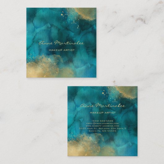 化粧アーティスト水彩ティール（緑がかった色）と金ゴールド スクエア名刺 (正面/裏面)