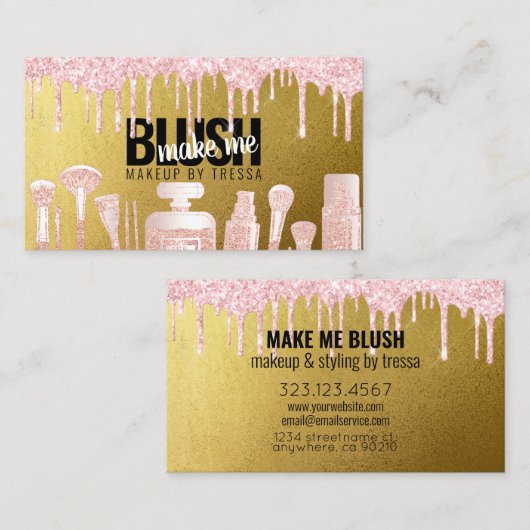 化粧アーティスト滴下ピンクグリッター+アンティーク金ゴールド 名刺 (正面/裏面)