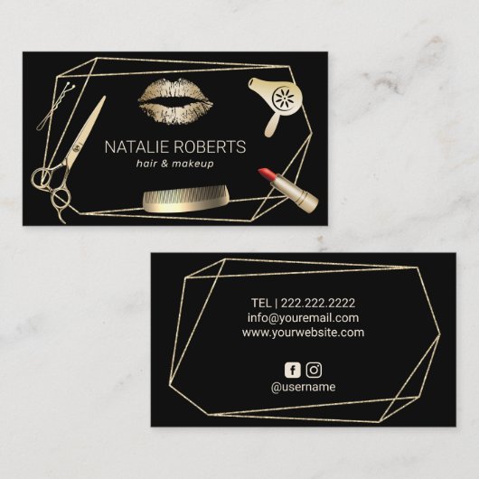化粧アーティスト美容師ジオメトリブラック&金ゴールド 名刺 (正面/裏面)