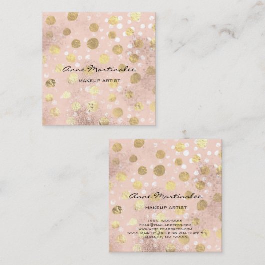 化粧アーティスト金ゴールド水玉模様ブラシ付きメタルグラム スクエア名刺 (正面/裏面)
