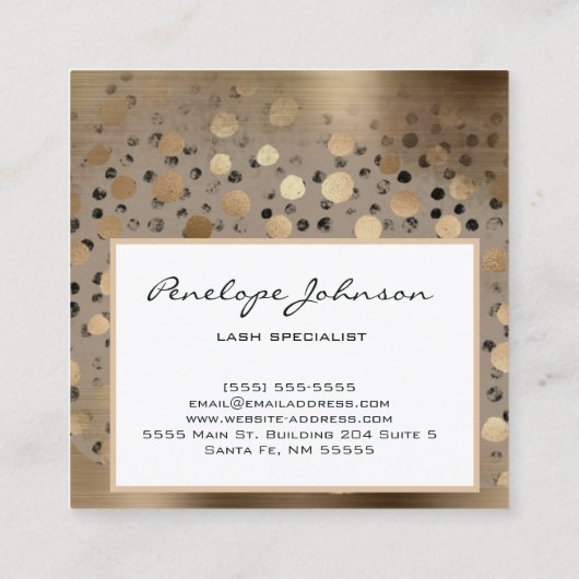 化粧アーティスト金ゴールド水玉模様ブラシ付きメタル スクエア名刺 (裏面)