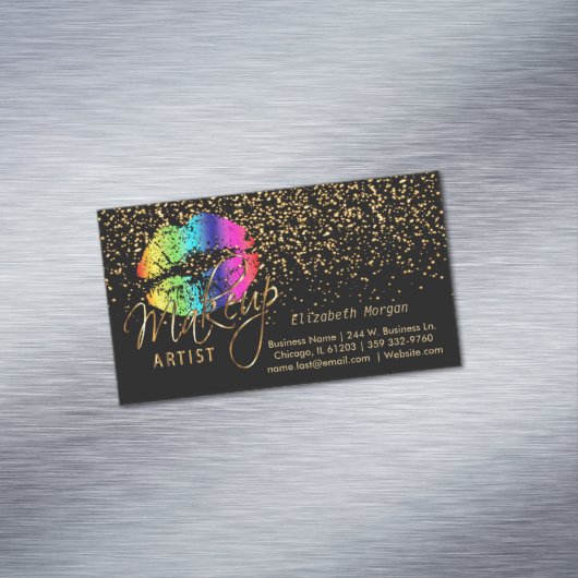 化粧アーティスト-金ゴールド紙吹雪とレインボーリップス マグネット名刺 (インサイチュ)