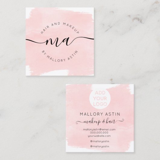 化粧イニシャルのロゴモダンピンクの水色 スクエア名刺 (正面/裏面)