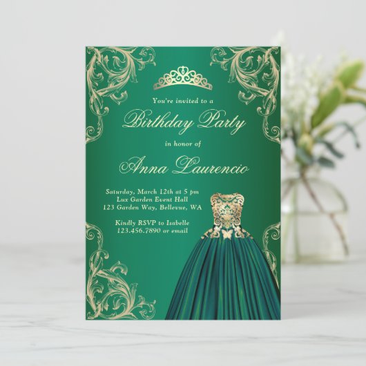 化粧エレガント王室のグリーン及び金ゴールド誕生日 招待状 (スタンド正面)