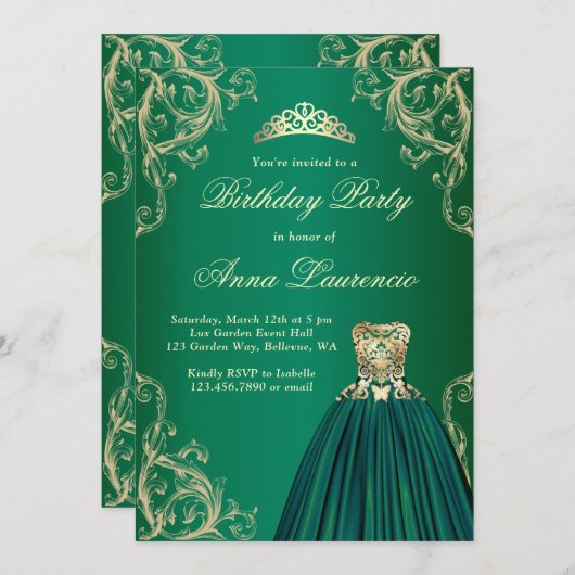 化粧エレガント王室のグリーン及び金ゴールド誕生日 招待状 (正面/裏面)