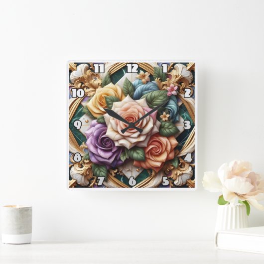 化粧カラフルバラフローラ スクエア壁時計 (ホーム)