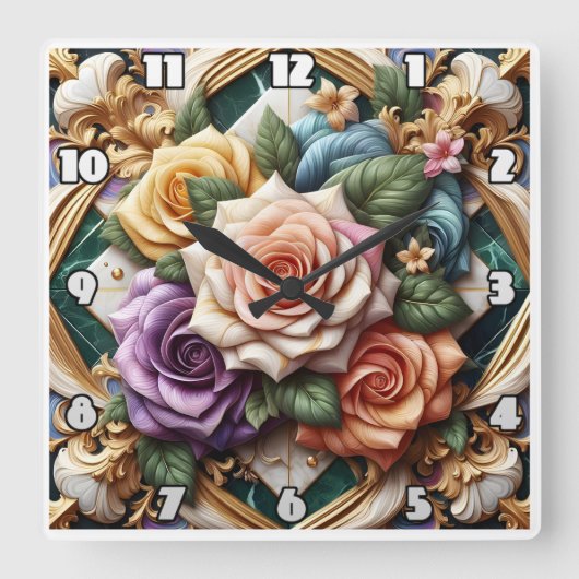 化粧カラフルバラフローラ スクエア壁時計 (正面)