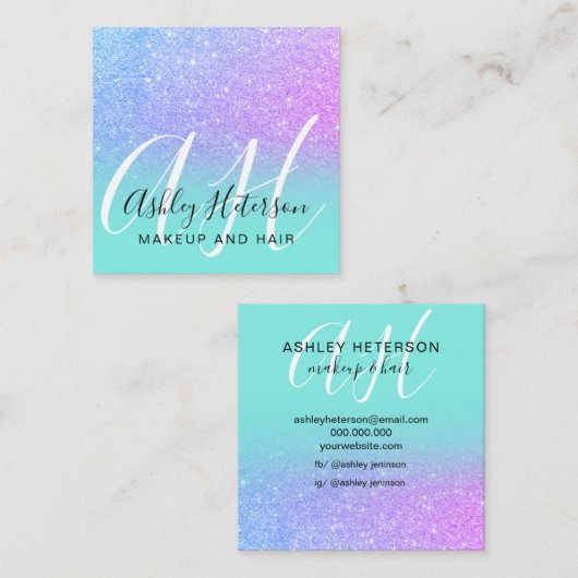 化粧ティール(緑がかった色)マーメイド紫グリッター文字モノグラム スクエア名刺 (正面/裏面)