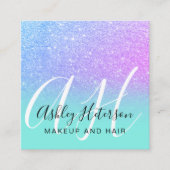 化粧ティール(緑がかった色)マーメイド紫グリッター文字モノグラム スクエア名刺 (正面)