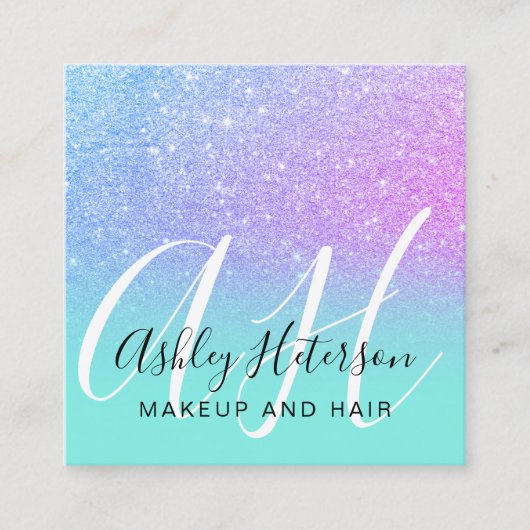 化粧ティール(緑がかった色)マーメイド紫グリッター文字モノグラム スクエア名刺 (正面)
