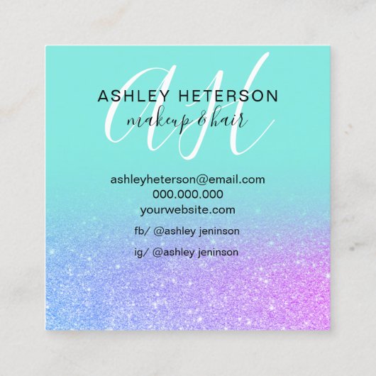 化粧ティール(緑がかった色)マーメイド紫グリッター文字モノグラム スクエア名刺 (裏面)