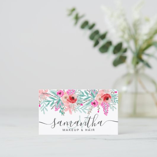化粧ミントピンクフローラ水モノグラムの色 名刺 (スタンド正面)