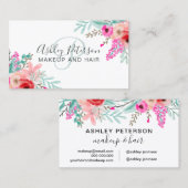 化粧ミントピンクフローラ水彩トレンディーモノグラム 名刺 (正面/裏面)