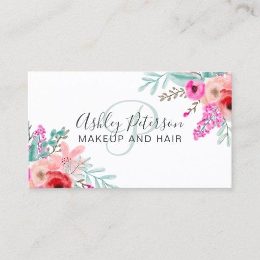 化粧ミントピンクフローラ水彩トレンディーモノグラム 名刺 (正面)