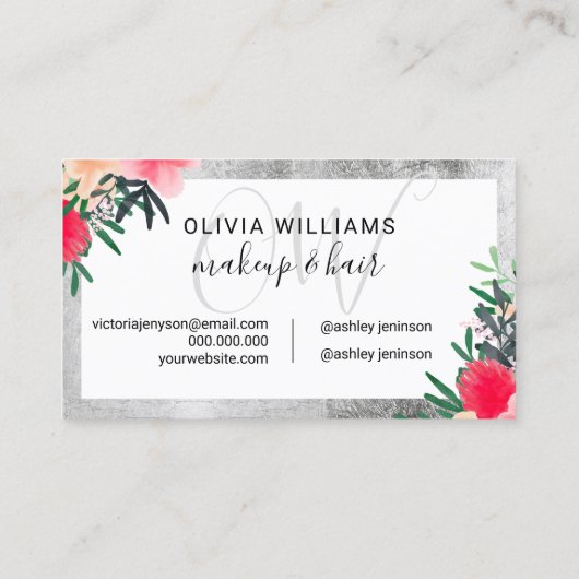 化粧モノグラムの銀フレームフローラスクリプト 名刺 (裏面)