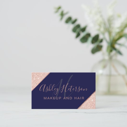 化粧モノグラムバラ金ゴールドストライプグリッターネービーブルー 名刺 (スタンド正面)
