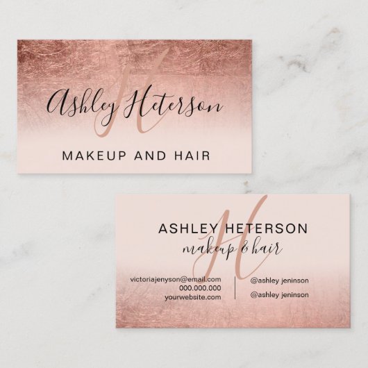 化粧モノグラムバラ金ゴールドフォイル赤面ピンクスクリプト 名刺 (正面/裏面)