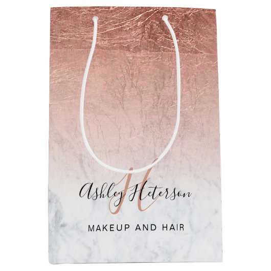 化粧モノグラム大理石バラ金ゴールド箔スクリプト ミディアムペーパーバッグ (正面)