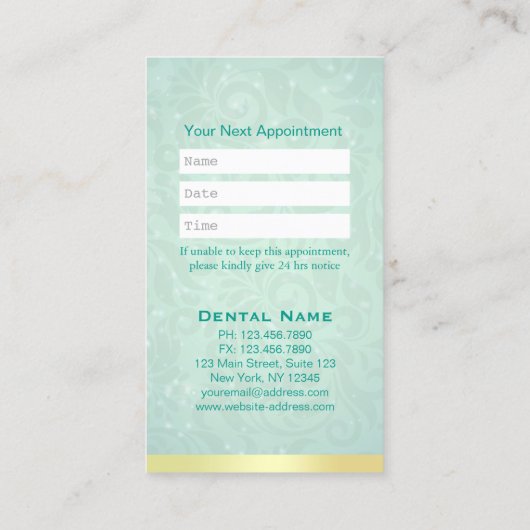 化粧品および一般的な歯科医アポイントメント金ゴールドティール（緑がかった色） 予約カード (裏面)