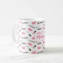 化粧品とピンクの唇 パーソナライズ名 コーヒーマグカップ