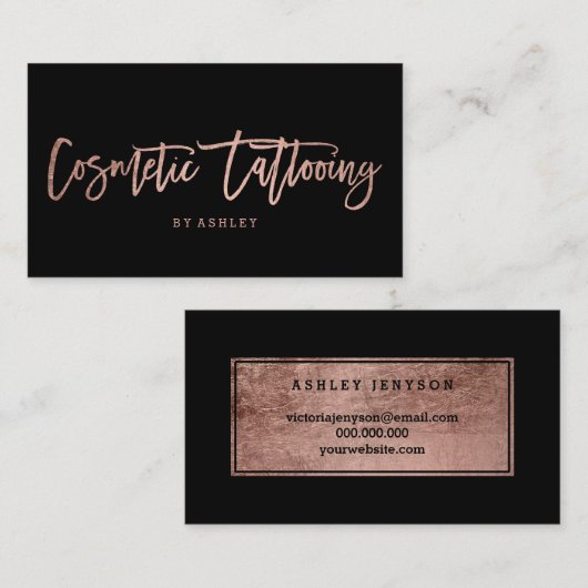 化粧品のtattoingのどのばら色の金ゴールドのタイポグラフィの黒 名刺 (正面/裏面)