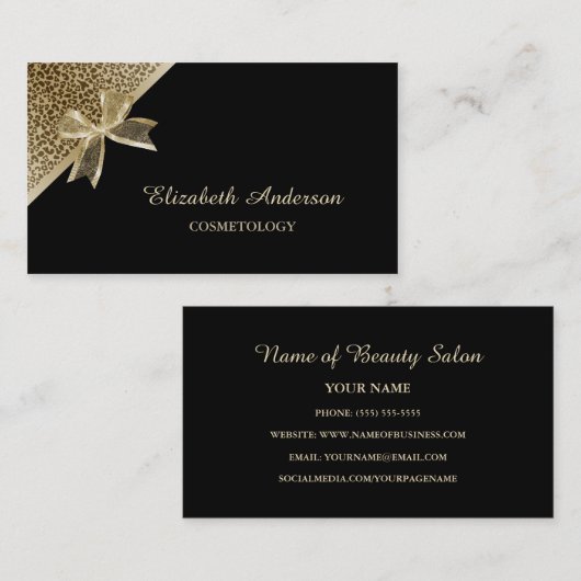化粧品エレガントブラックと金ゴールドヒョウのリボン 名刺 (正面/裏面)