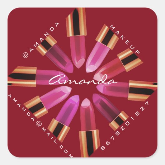 化粧品メイクアップショップバラピンクリップスティック金ゴールド スクエアシール (正面)