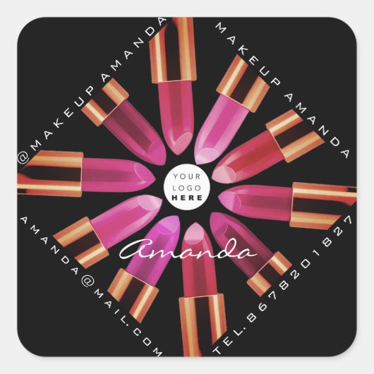 化粧品メイクアップショップ金ゴールドピンクリップスティックブラック スクエアシール (正面)