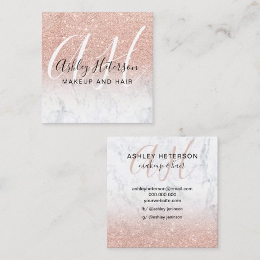 化粧大理石バラ金ゴールドグリッタースクリプトモノグラム スクエア名刺 (正面/裏面)