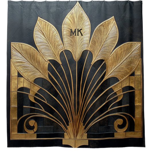 化膿性トレンディー1920のアールデコブラックと金ゴールド シャワーカーテン (正面)