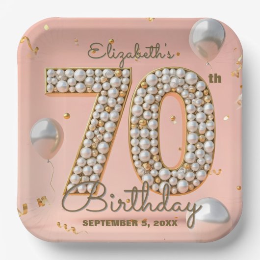 化膿性赤面ピンク金ゴールドパールモザイク70誕生日 ペーパープレート (正面)