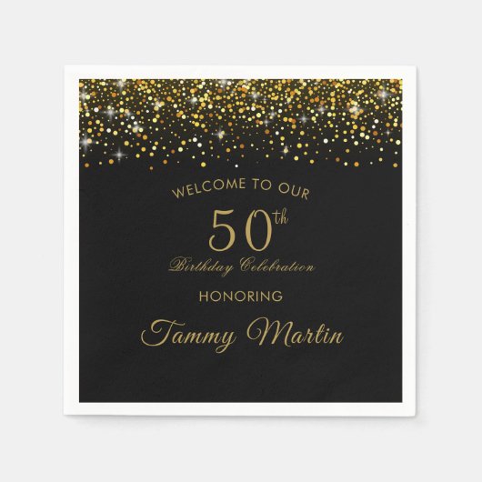 化膿性金ゴールド紙吹雪50番目の誕生日紙ナプキンス スタンダードカクテルナプキン (正面)