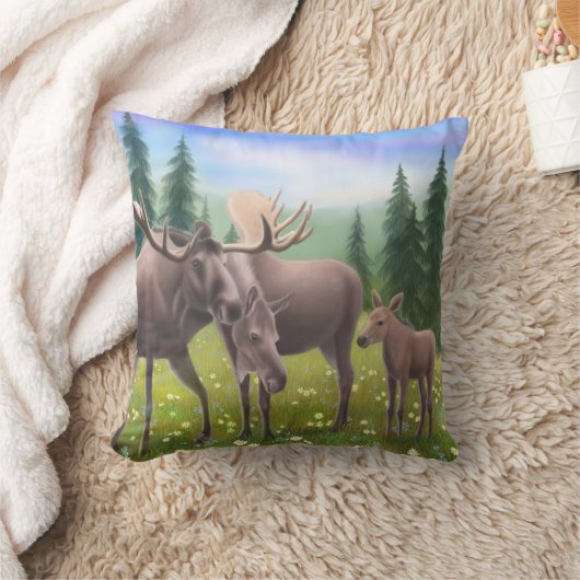 北のアメリカヘラジカ家族の枕 クッション (ブランケット)