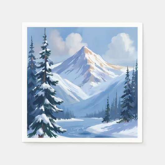 北の山々 | 冬の山々風景が描かれた スタンダードカクテルナプキン (正面)